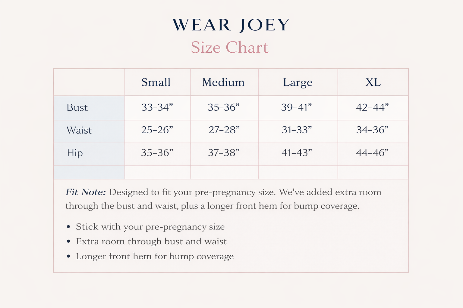 Wear Joey size chart for clothing with measurements in inches.